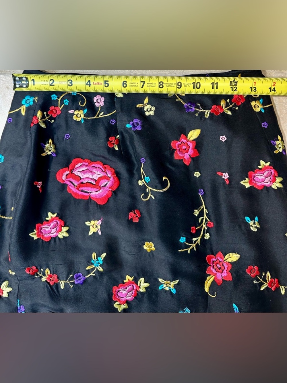 Vintage 90’s CLIO Silk Maxi Skirt 4 Black Floral Embroidered Fringe Whimsy Fairy - Picture 6 of 9